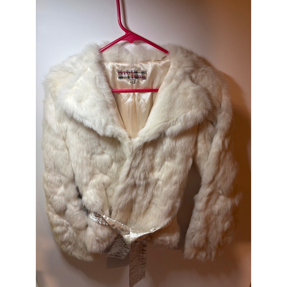 y2k Twenty Twenty Real Rabbit Fur Coat Jacket Ivory White Belted Womens S read